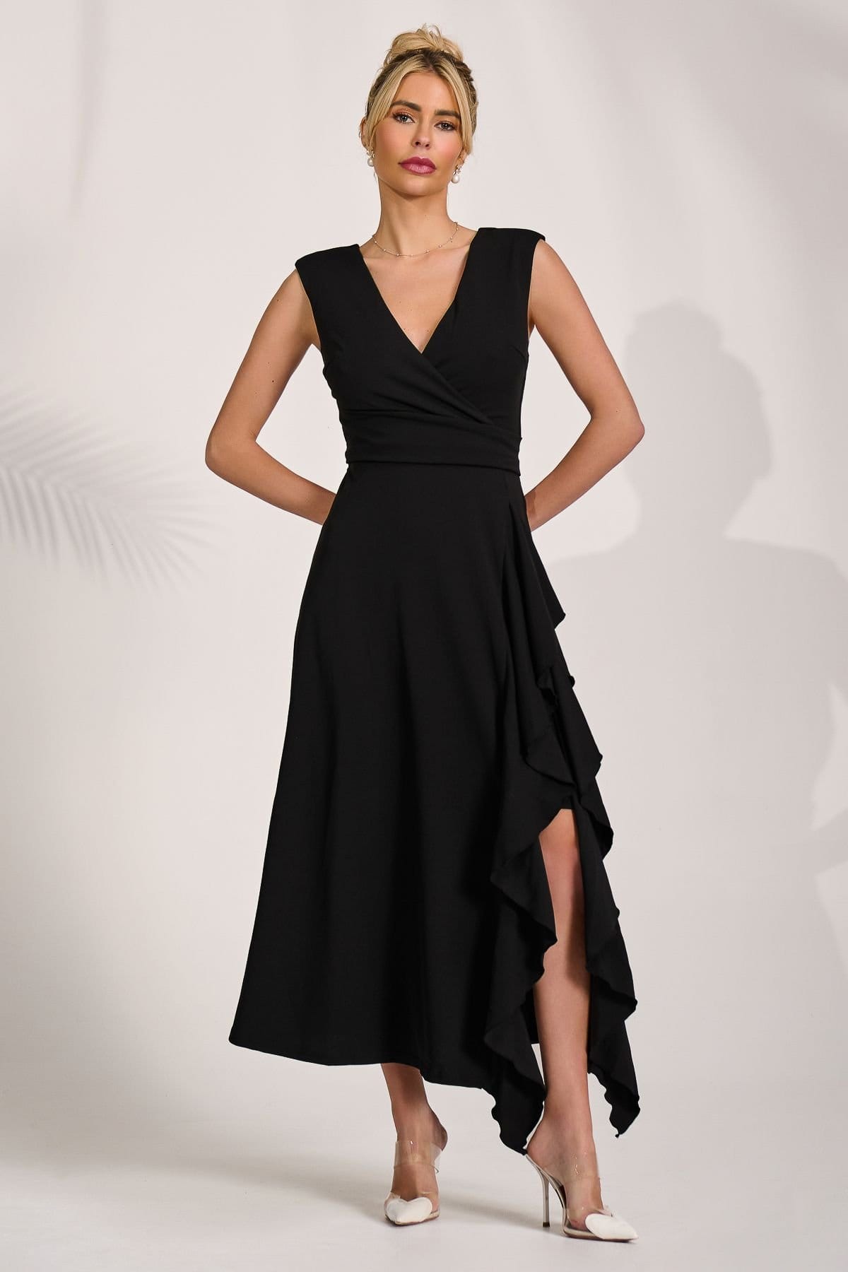 Jolie Moi Jolie Moi Women's Frill Detail Wrap Sleeveless Maxi Dres in Black - 4