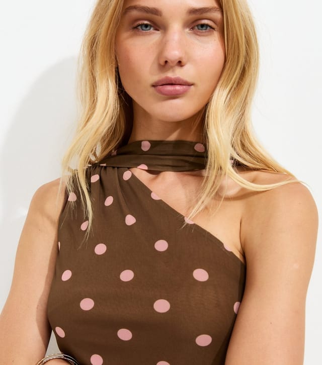 New Look Women's Brown Polka Dot Mesh One Shoulder Halter Mini Dress New Look - 2