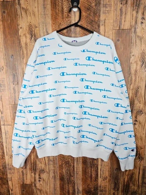 Champion Champion all over logo crewneck sweatshirt - white / blue - unisex l