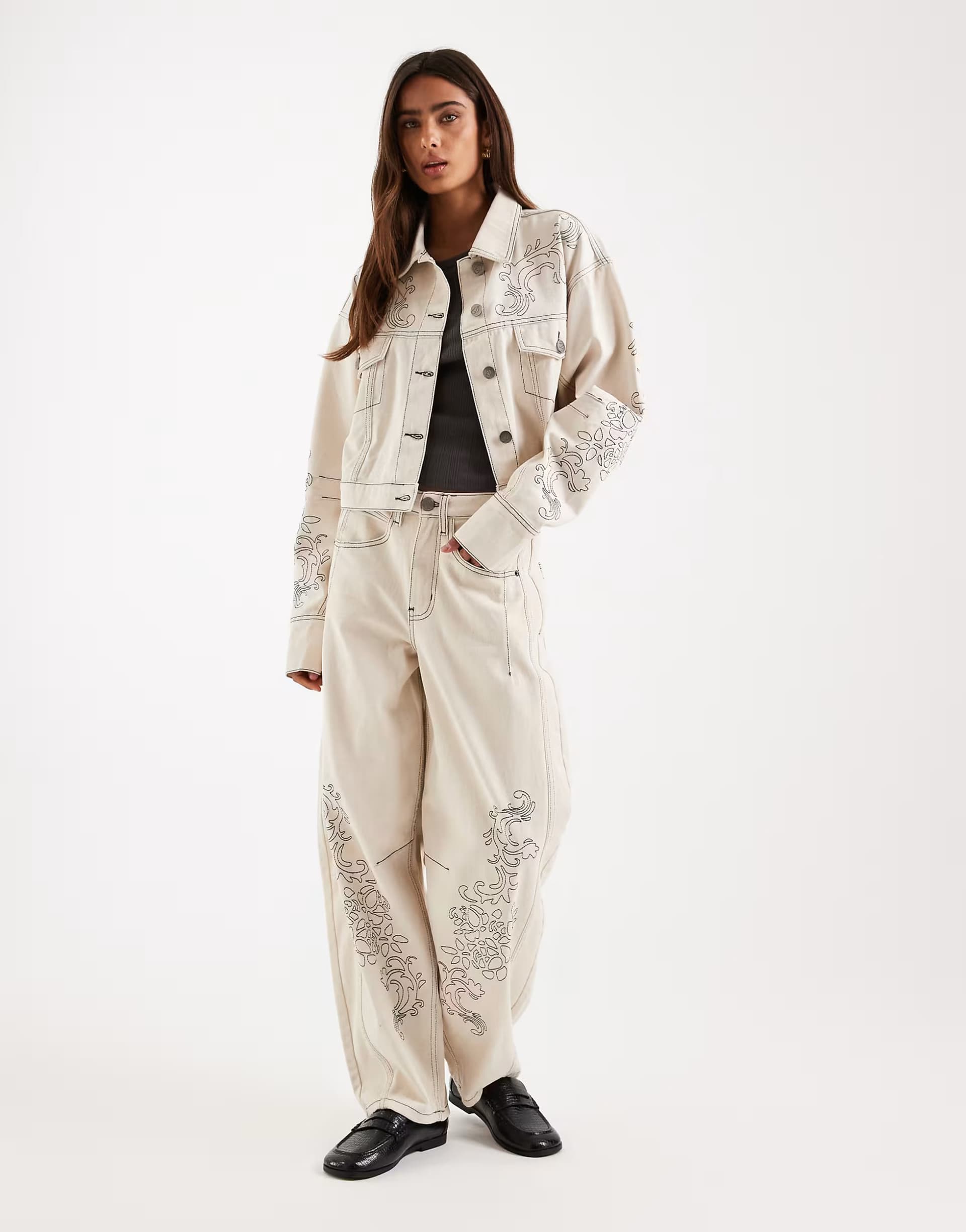 ASOS Daisy Street volume sleeve curved hem denim jacket with embroidery in cream co-ord