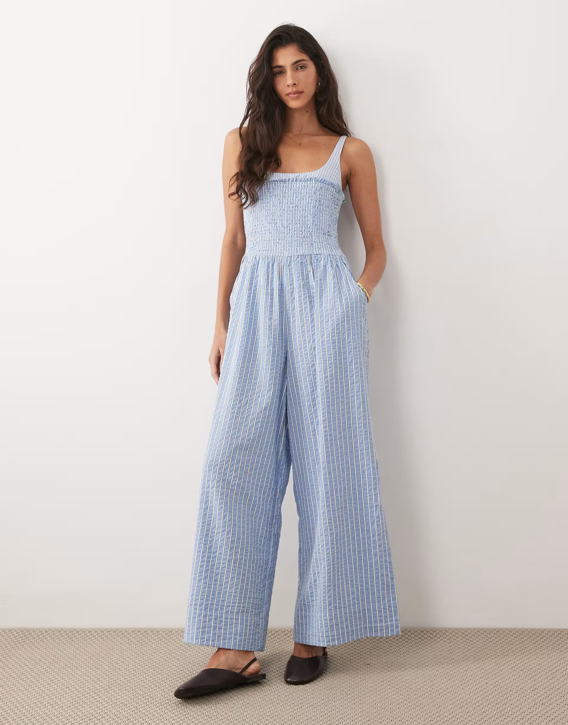 ASOS ASOS DESIGN contrast strap jumpsuit in blue stripe