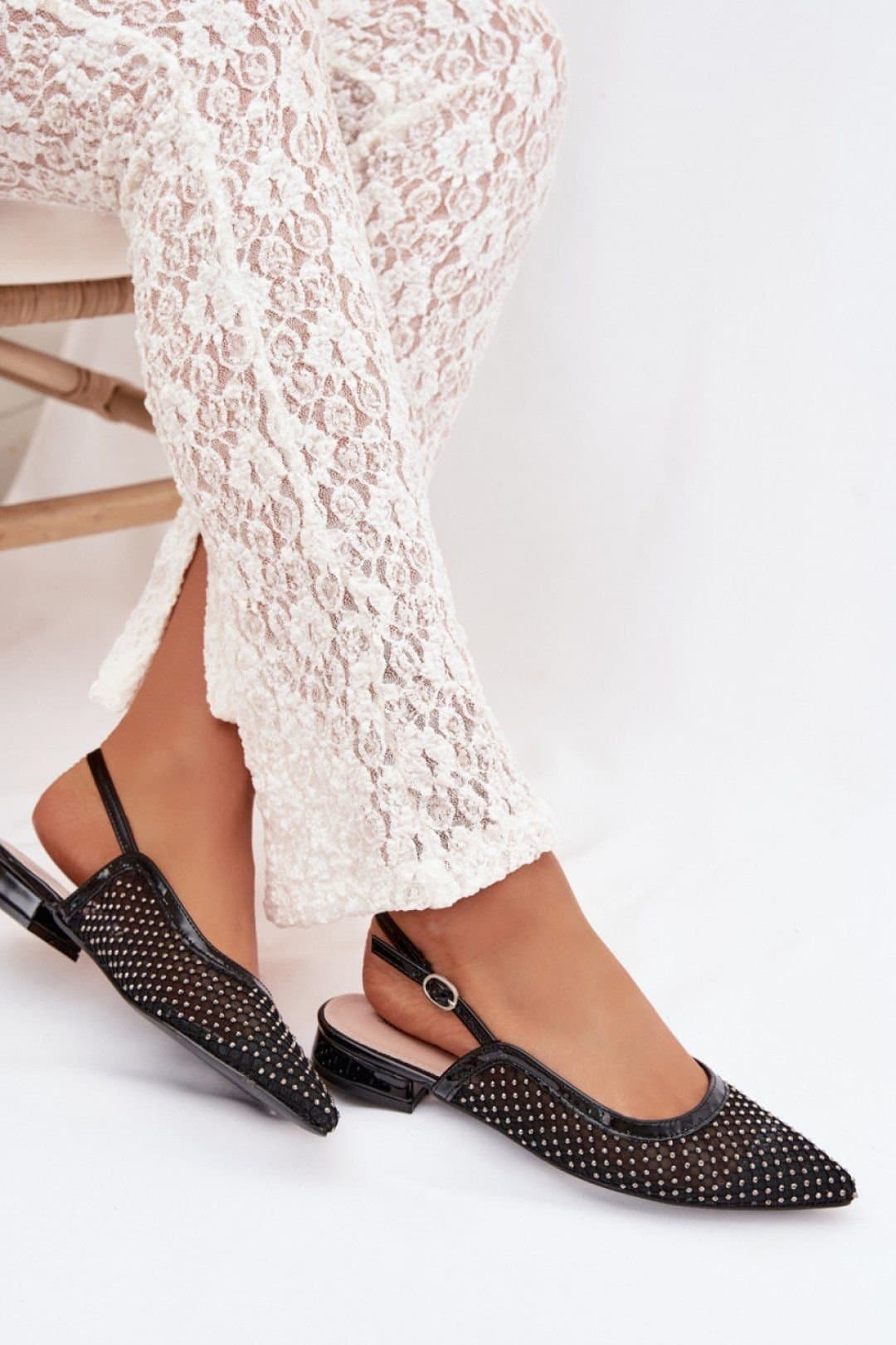 Love Lace Love Lace Women's Ballet Flats Pointed Toe Mesh Buckle Zircon Open Heel in Black