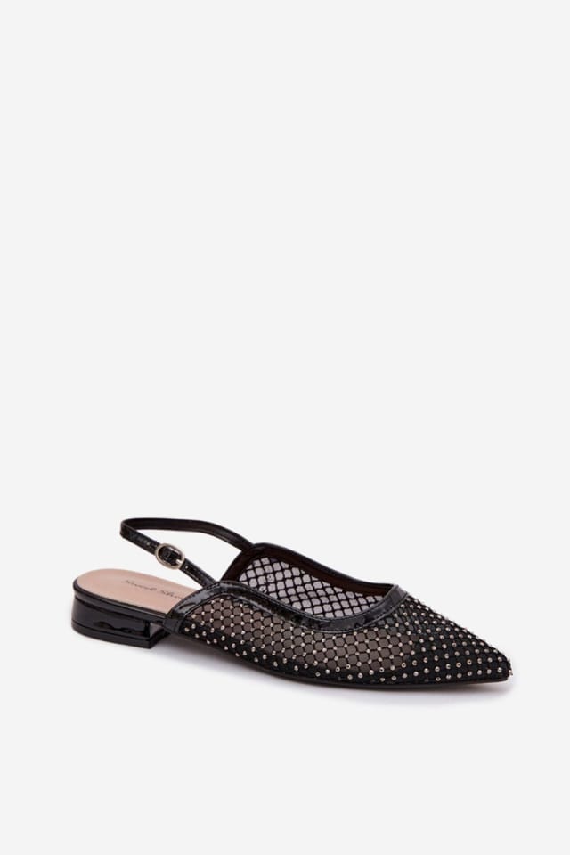 Love Lace Love Lace Women's Ballet Flats Pointed Toe Mesh Buckle Zircon Open Heel in Black - 2
