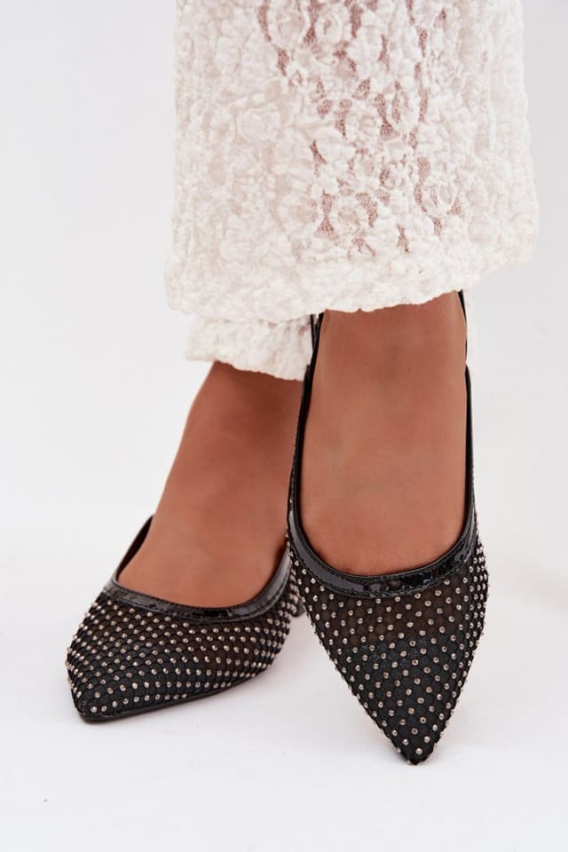 Love Lace Love Lace Women's Ballet Flats Pointed Toe Mesh Buckle Zircon Open Heel in Black - 3
