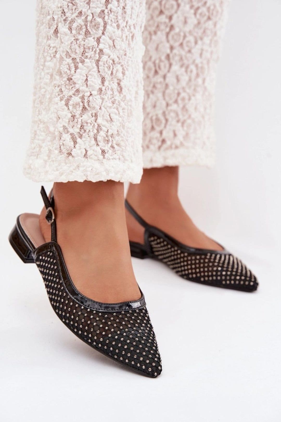 Love Lace Love Lace Women's Ballet Flats Pointed Toe Mesh Buckle Zircon Open Heel in Black - 4
