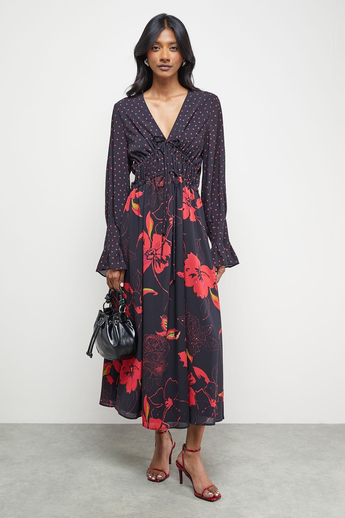 Warehouse Warehouse Women's Mixed Print Chiffon Tie Detail Midi Tea Dress in Floral