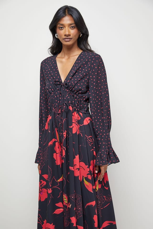 Warehouse Warehouse Women's Mixed Print Chiffon Tie Detail Midi Tea Dress in Floral - 2