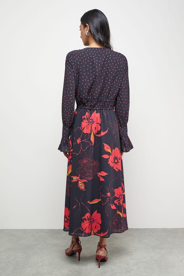 Warehouse Warehouse Women's Mixed Print Chiffon Tie Detail Midi Tea Dress in Floral - 3