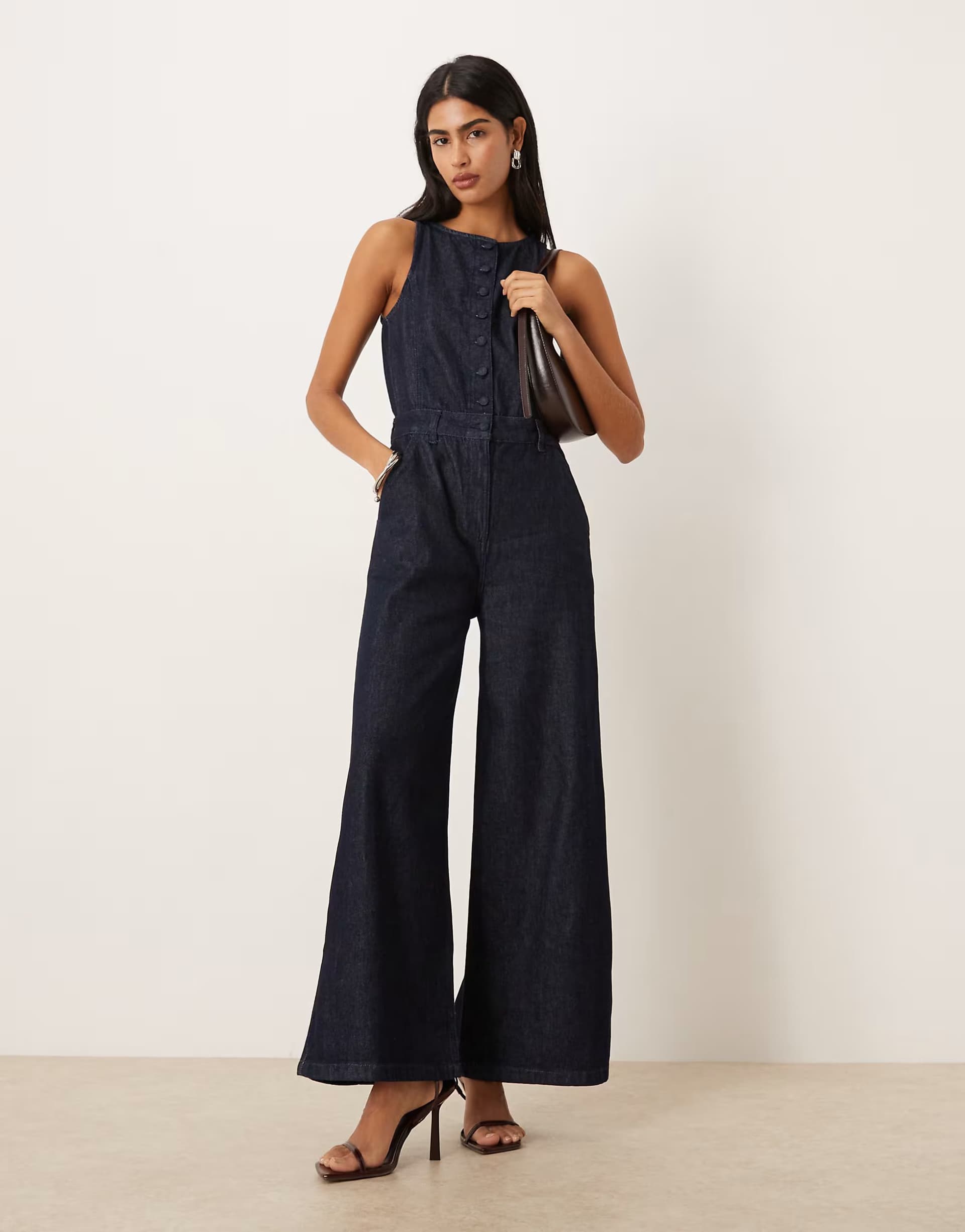 ASOS ASOS DESIGN wide leg denim jumpsuit with button front in rinse