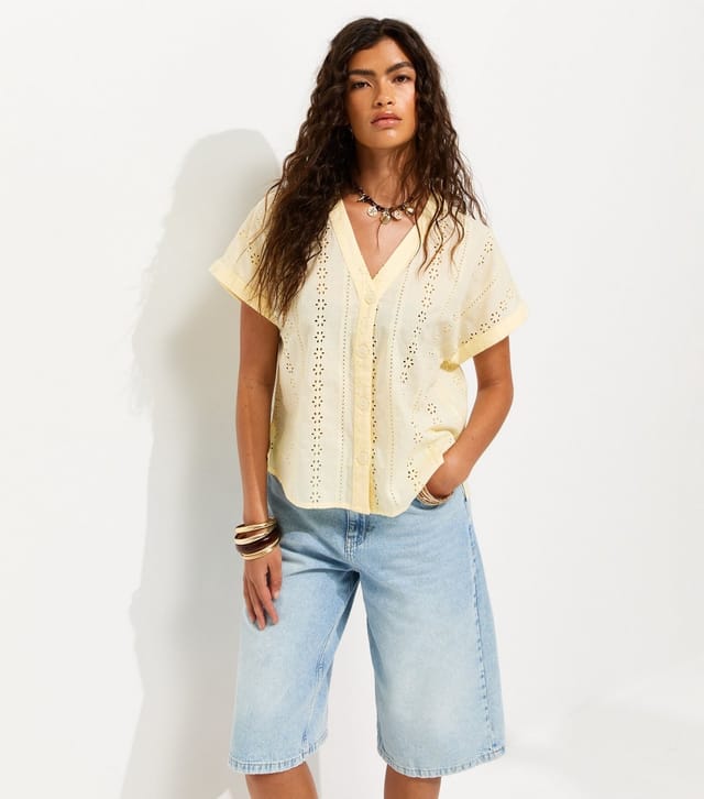 New Look Women's Light Yellow Cotton Broderie Anglaise Button Through Top New Look - 2