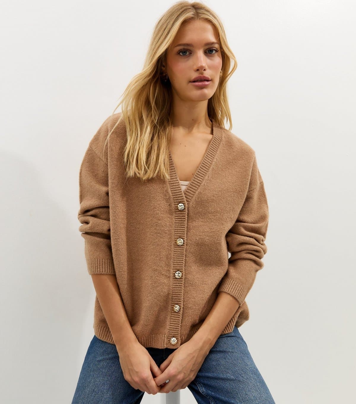 New Look Women's Camel V-Neck Boyfriend Cardigan New Look