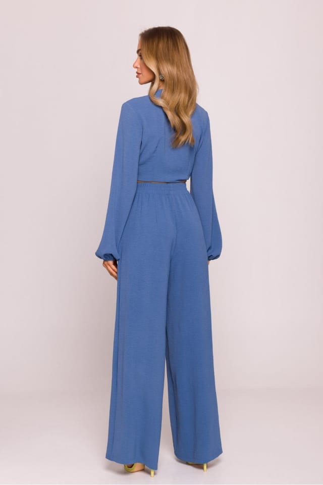 Love Lace Love Lace Women's Matte Crepe Wide Leg Trousers with Elastic Waist in Blue - 2