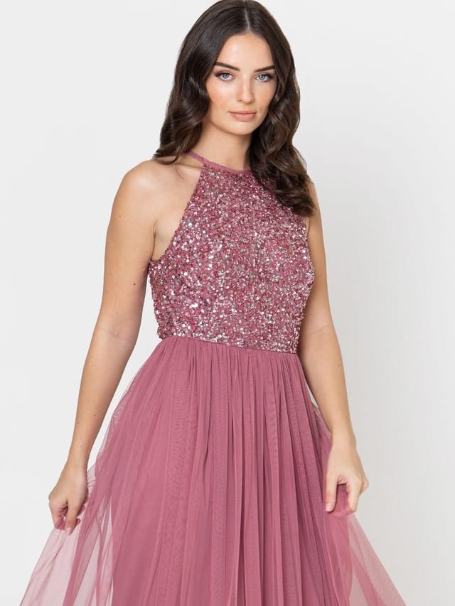 Maya Deluxe Maya Deluxe Women's Embellished Halter Neck Maxi Dress in Rose - 2