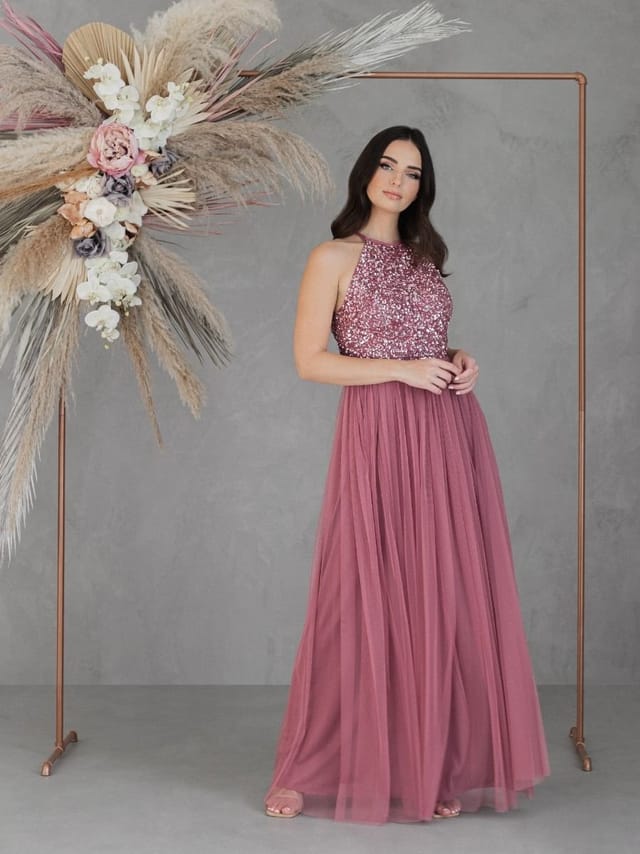 Maya Deluxe Maya Deluxe Women's Embellished Halter Neck Maxi Dress in Rose - 3