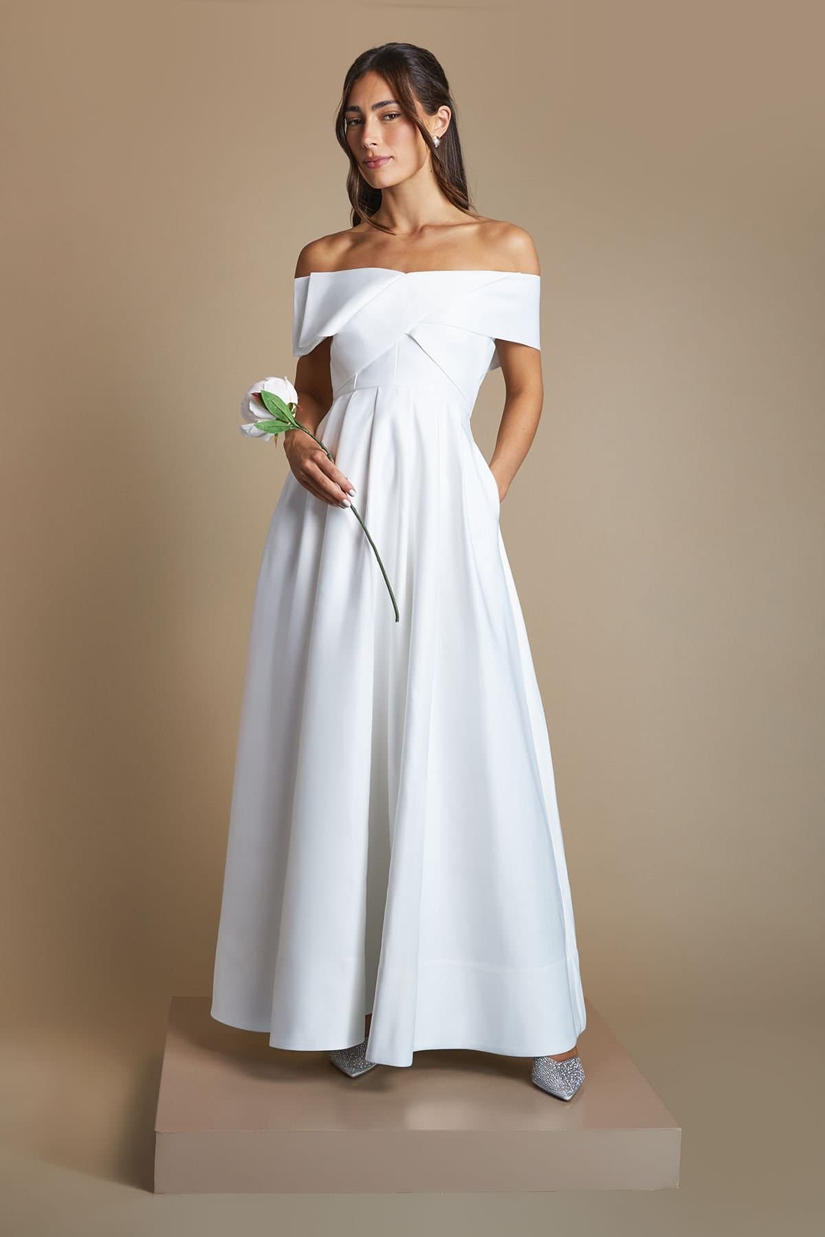Coast Coast Women's Petite Bardot Origami Satin Wedding Dress in Ivory