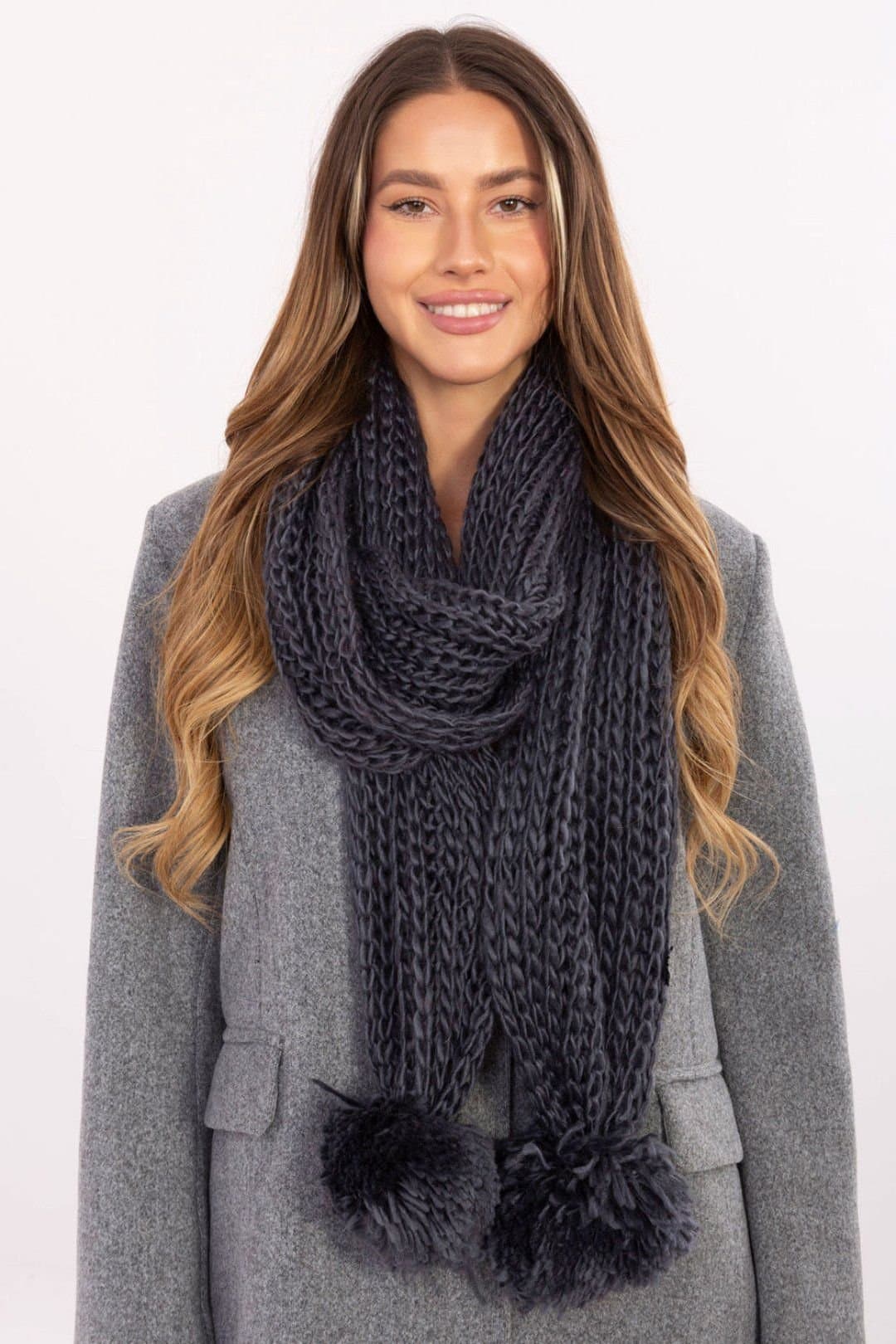 Love Lace Love Lace Women's Soft Cozy Acrylic Pom Pom Scarf Smooth Texture Winter Wrap in Grey