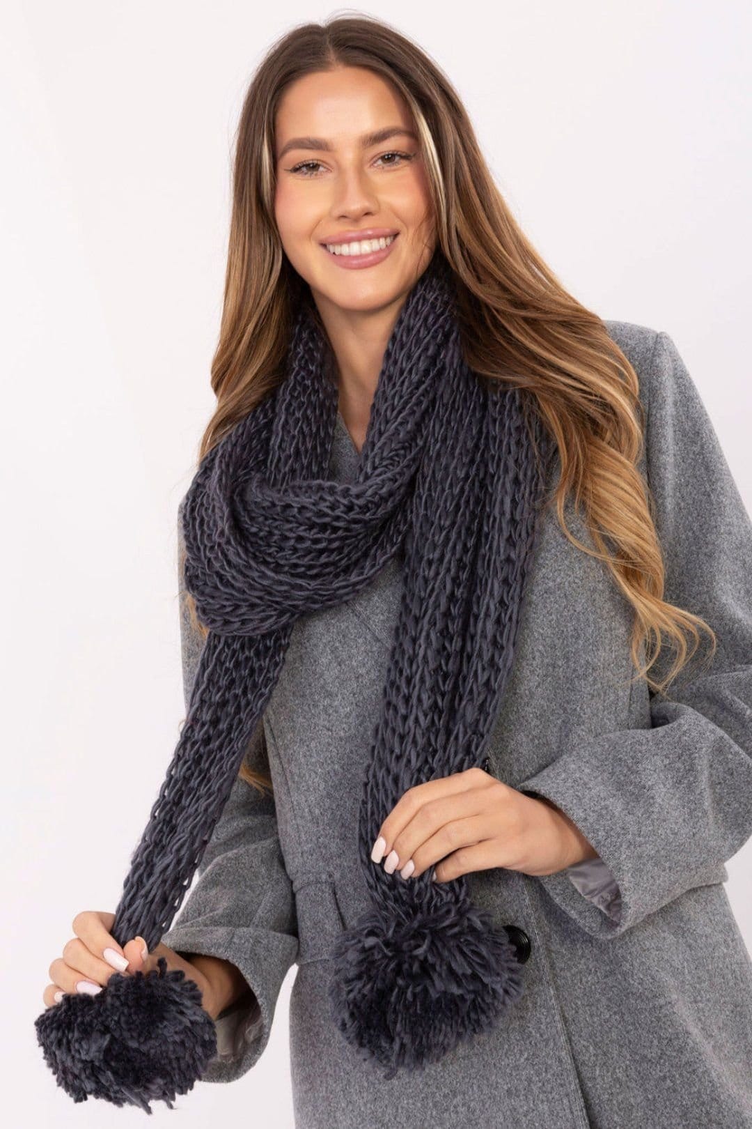 Love Lace Love Lace Women's Soft Cozy Acrylic Pom Pom Scarf Smooth Texture Winter Wrap in Grey - 4