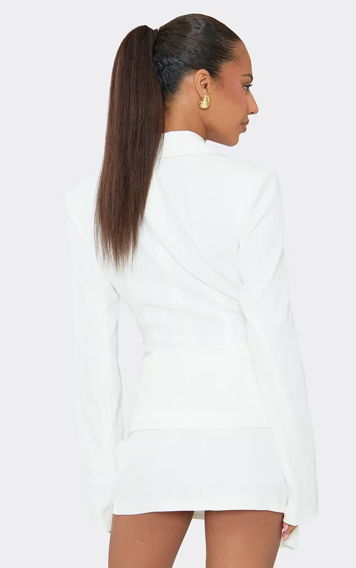 EGO Long Sleeve Wrap Waist Padded Blazer In White Woven, Women's Size UK 6