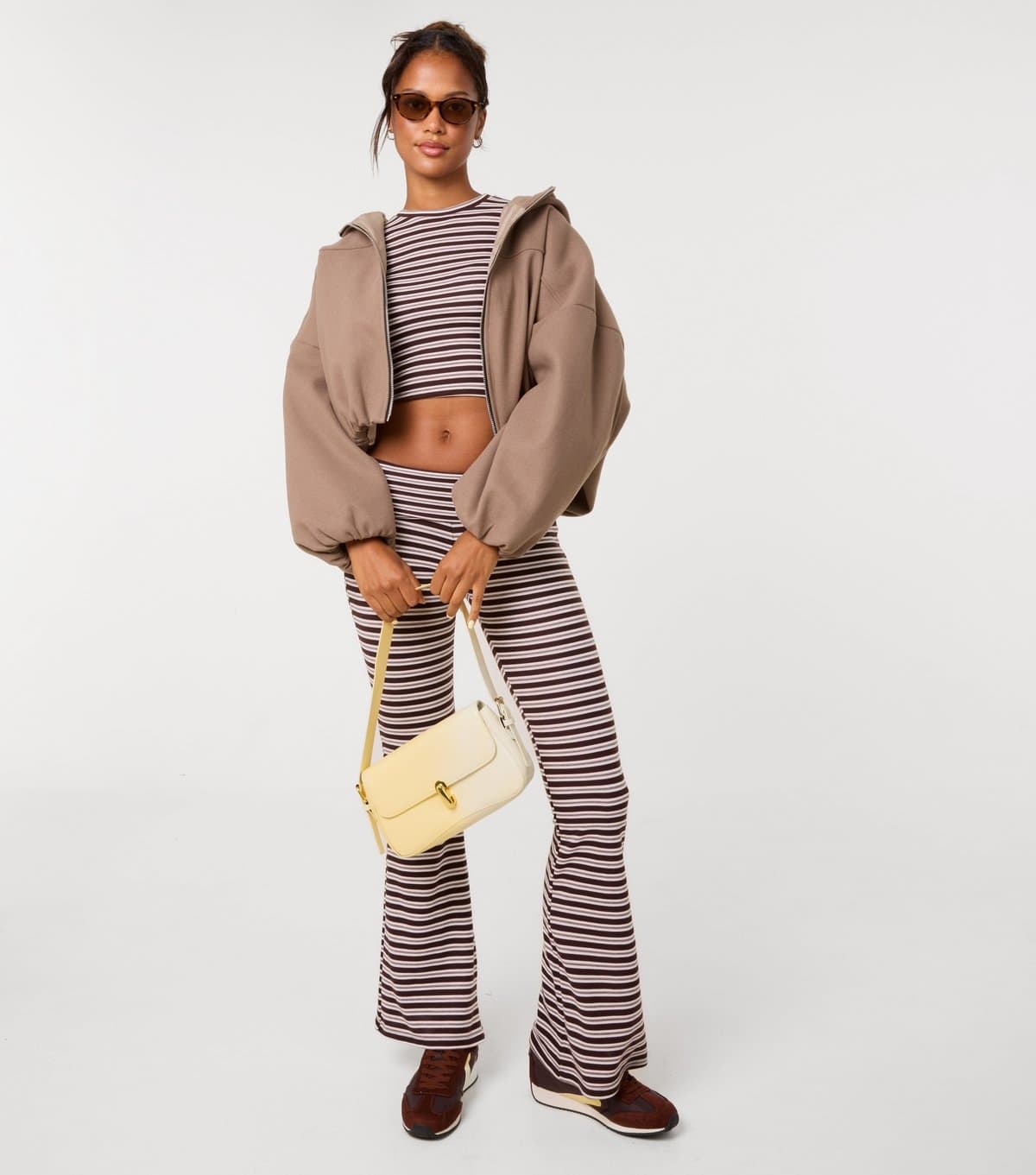 Pink Vanilla Women's Dark Brown Stripes Foldover Waistband Flared Trousers Pink Vanilla New Look