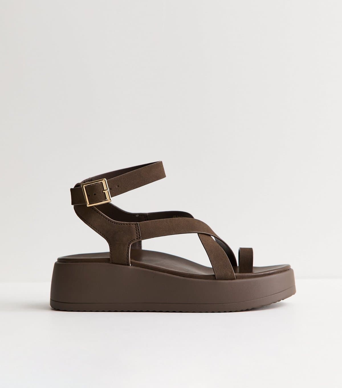 New Look Women's Brown Faux Suede Strappy Flatform Sandals Vegan New Look