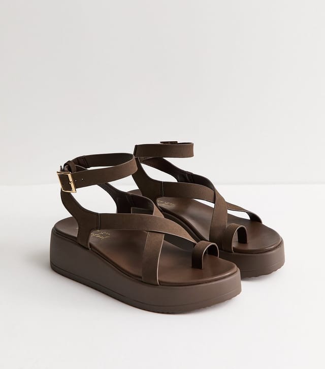 New Look Women's Brown Faux Suede Strappy Flatform Sandals Vegan New Look - 3