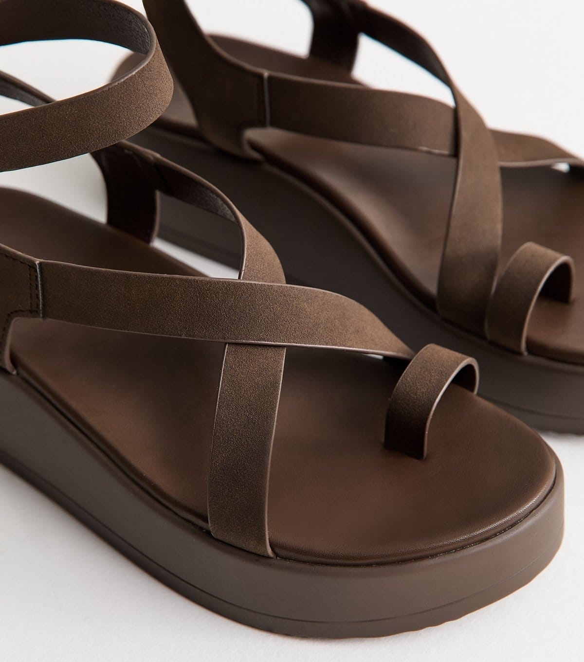 New Look Women's Brown Faux Suede Strappy Flatform Sandals Vegan New Look - 4