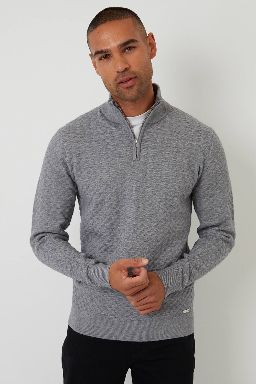 Threadbare Threadbare Men's Textured Cable Knit Quarter Zip Jumper in Grey - 2