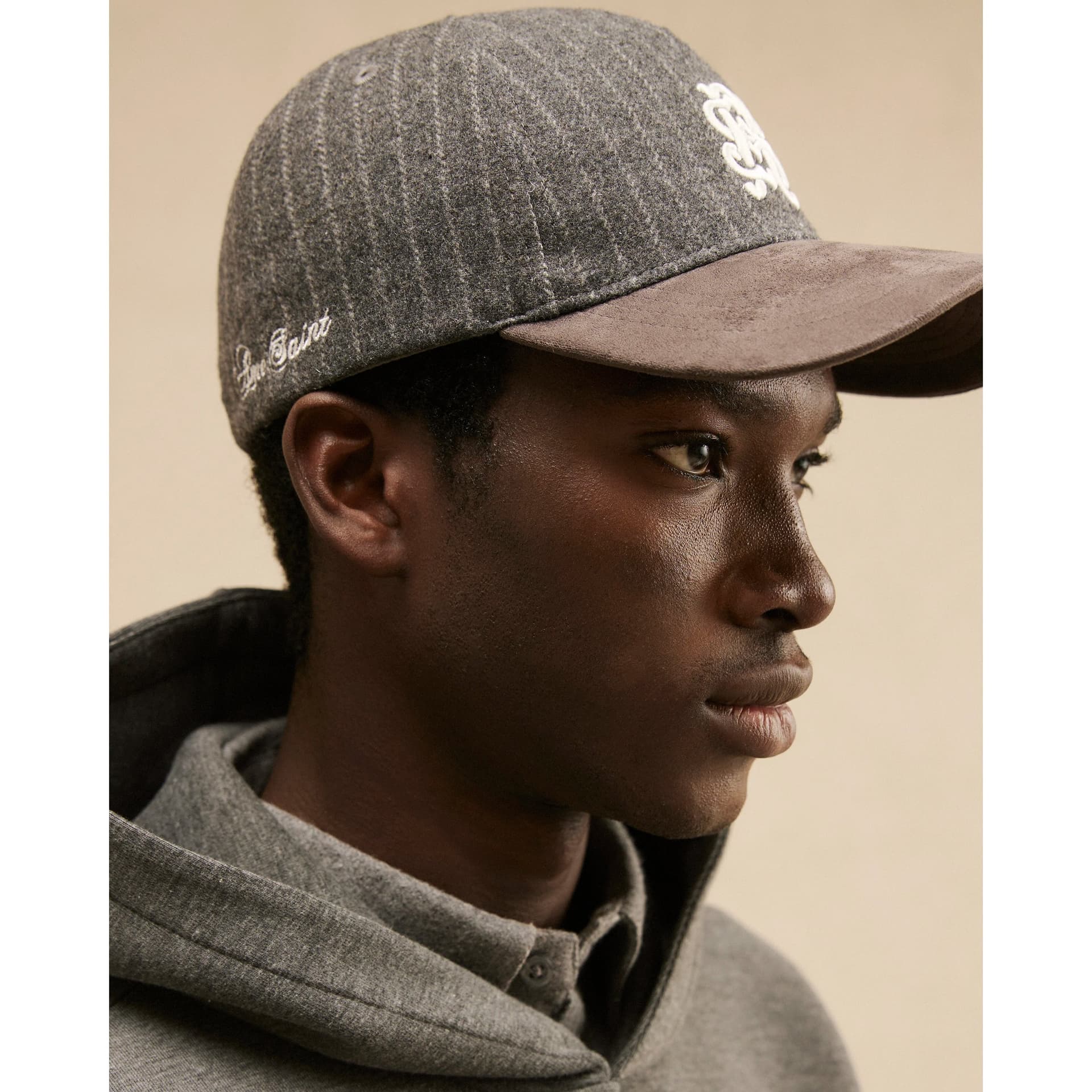 River Island Mens River Island Grey Cotton Pinstripe Script Embroidered Cap