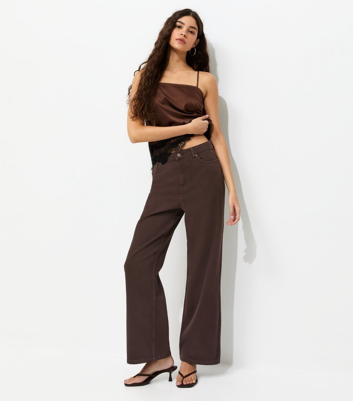 New Look Women's Dark Brown Adalae High Waisted Wide Leg Jeans New Look