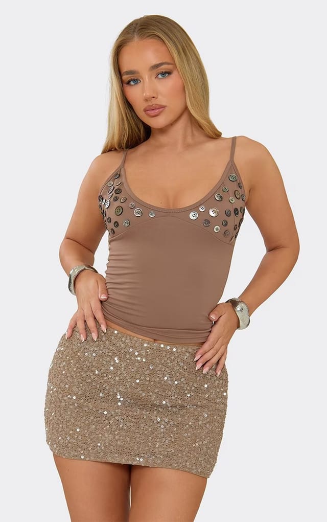 EGO Scoop Neck Button Detail Vest Top In Brown, Women's Size UK 6 - 2