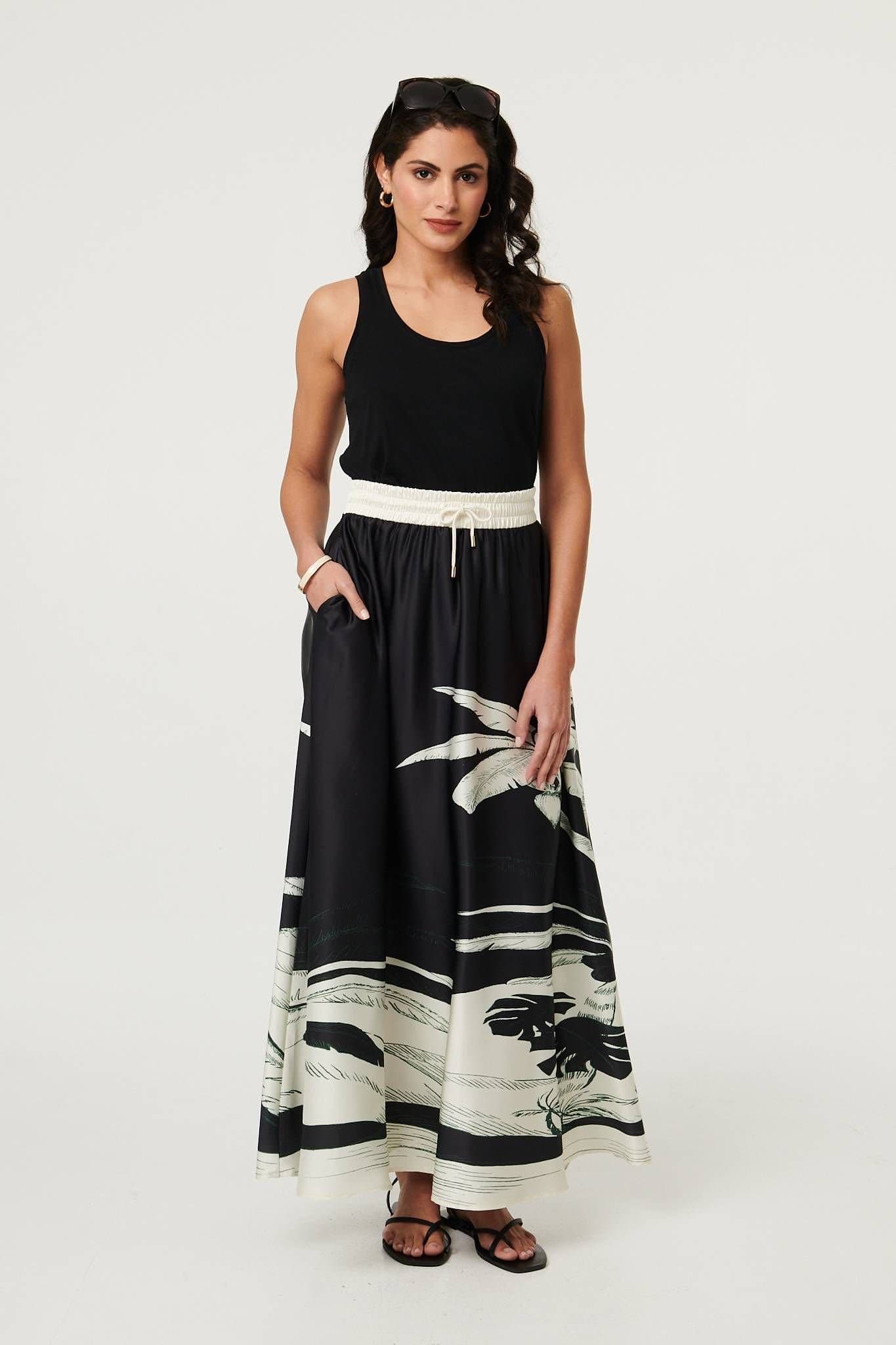 Izabel London Izabel London Women's Tropical Print High Waist Maxi Skirt in Black