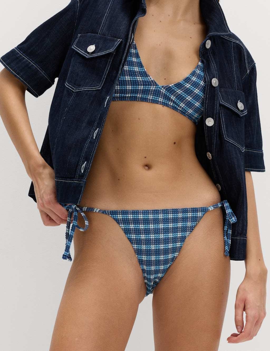 Marks & Spencer M&S Textured Checked Tie Side Bikini Bottoms Blue Mix - 1