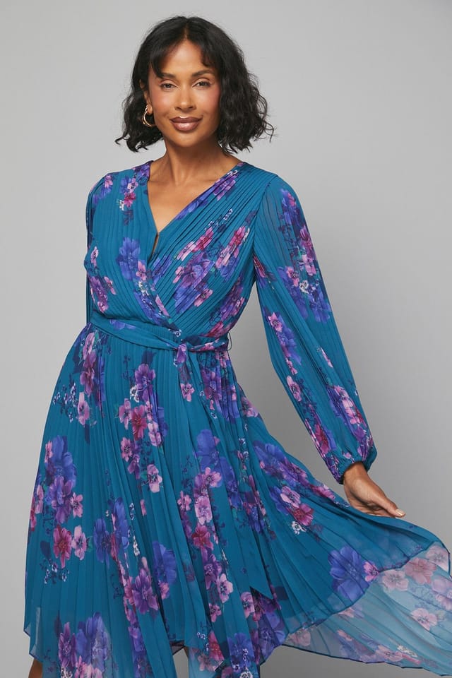 Wallis Wallis Women's Floral Pleated Asymmetric Wrap Dress in Teal - 2