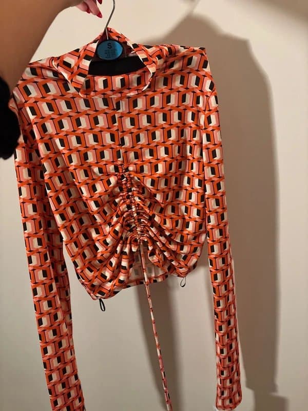 Bershka Orange geometric print ruched long sleeve top.