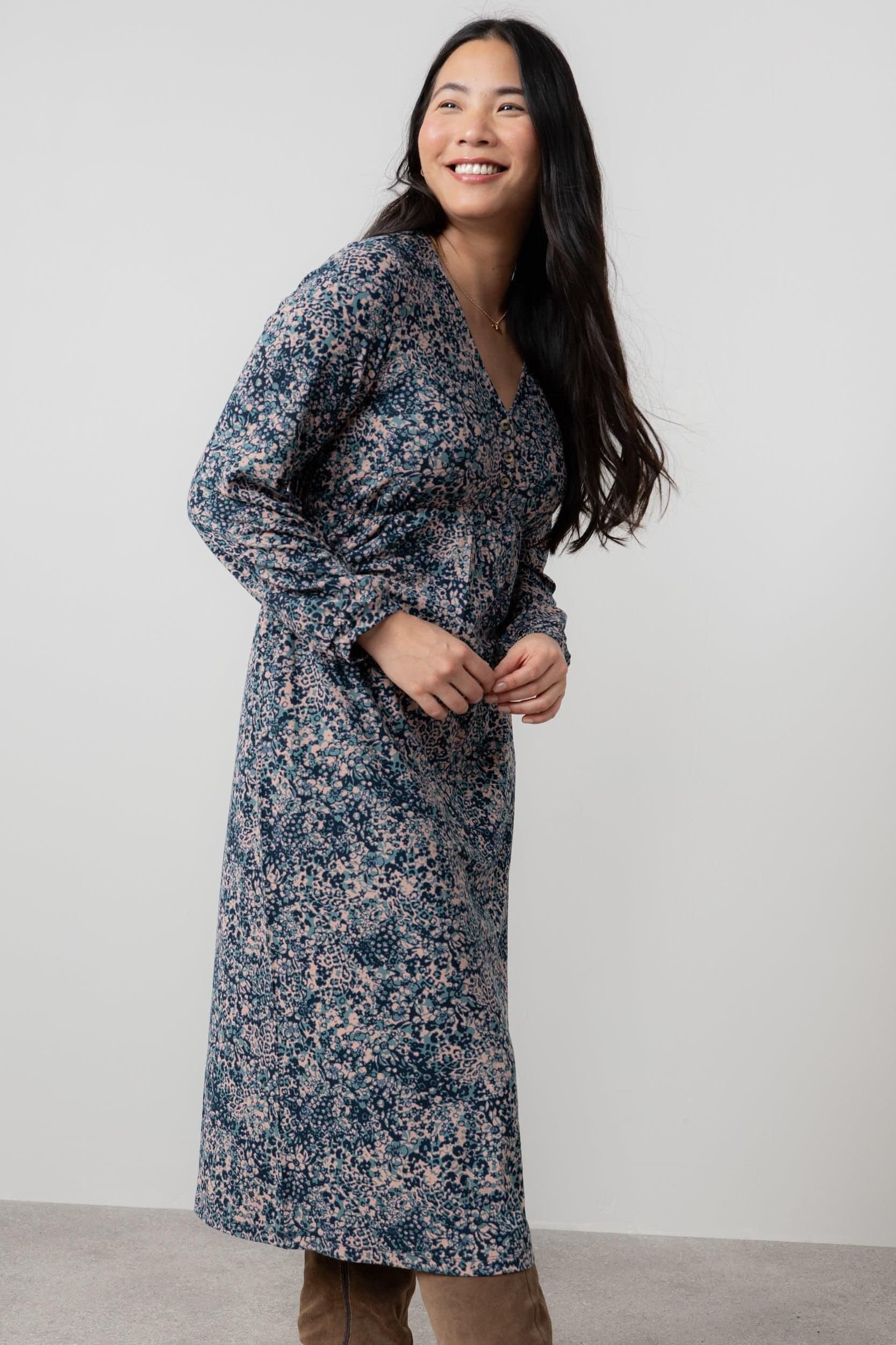 Lily & Me Lily & Me Women's Lillian Jersey Viscose Midi Dress with Gather at empire line in Mid Blue