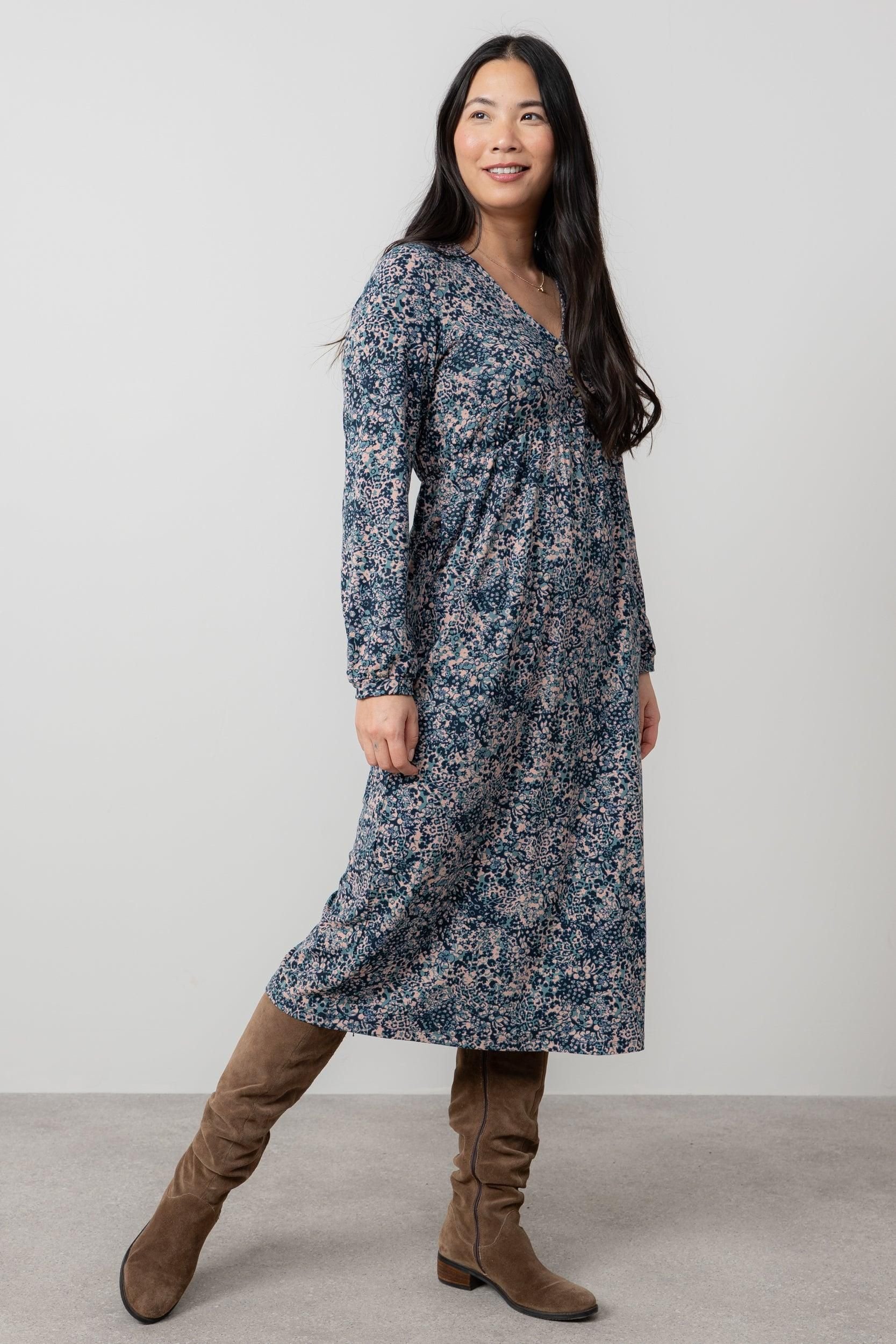 Lily & Me Lily & Me Women's Lillian Jersey Viscose Midi Dress with Gather at empire line in Mid Blue - 2