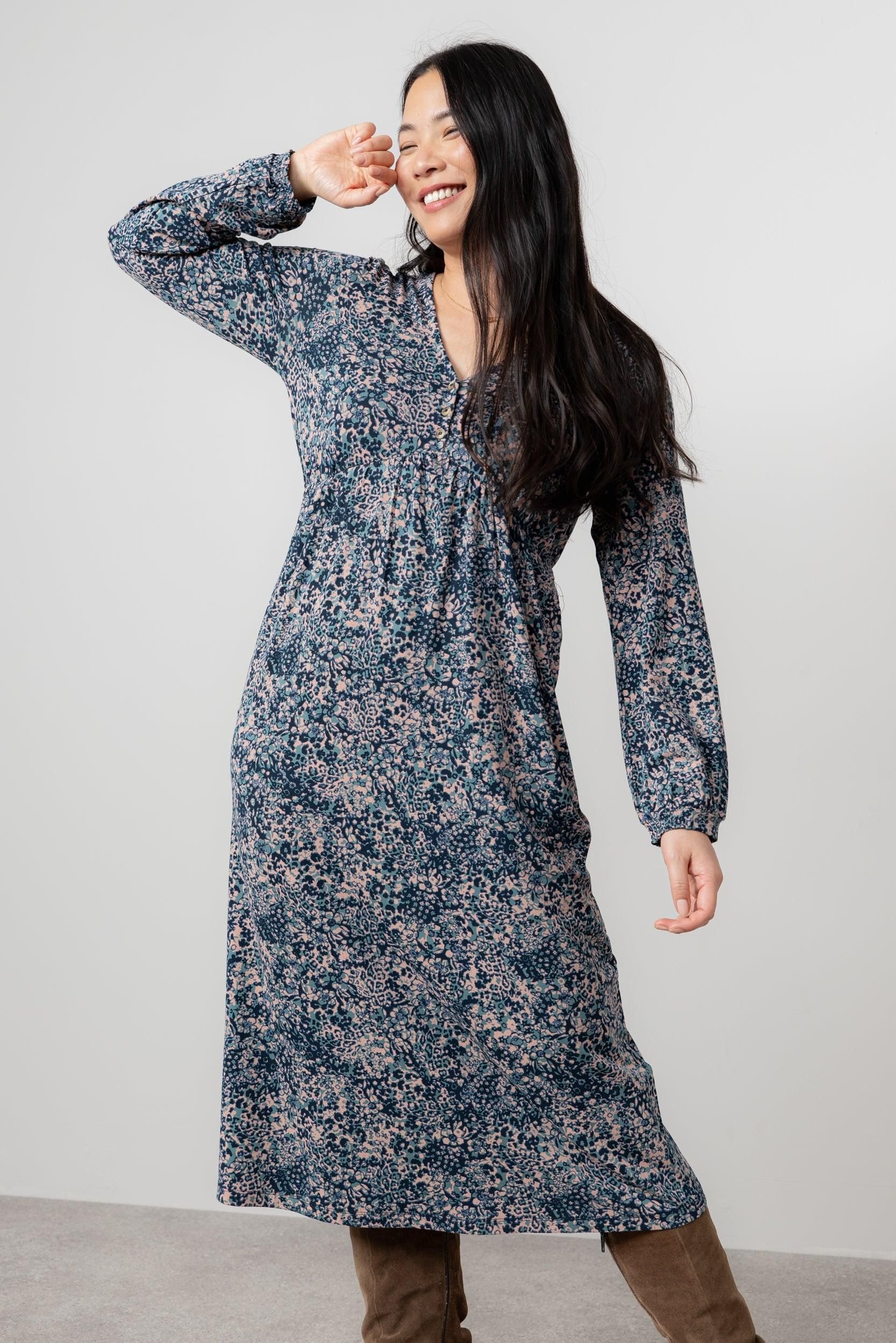 Lily & Me Lily & Me Women's Lillian Jersey Viscose Midi Dress with Gather at empire line in Mid Blue - 3