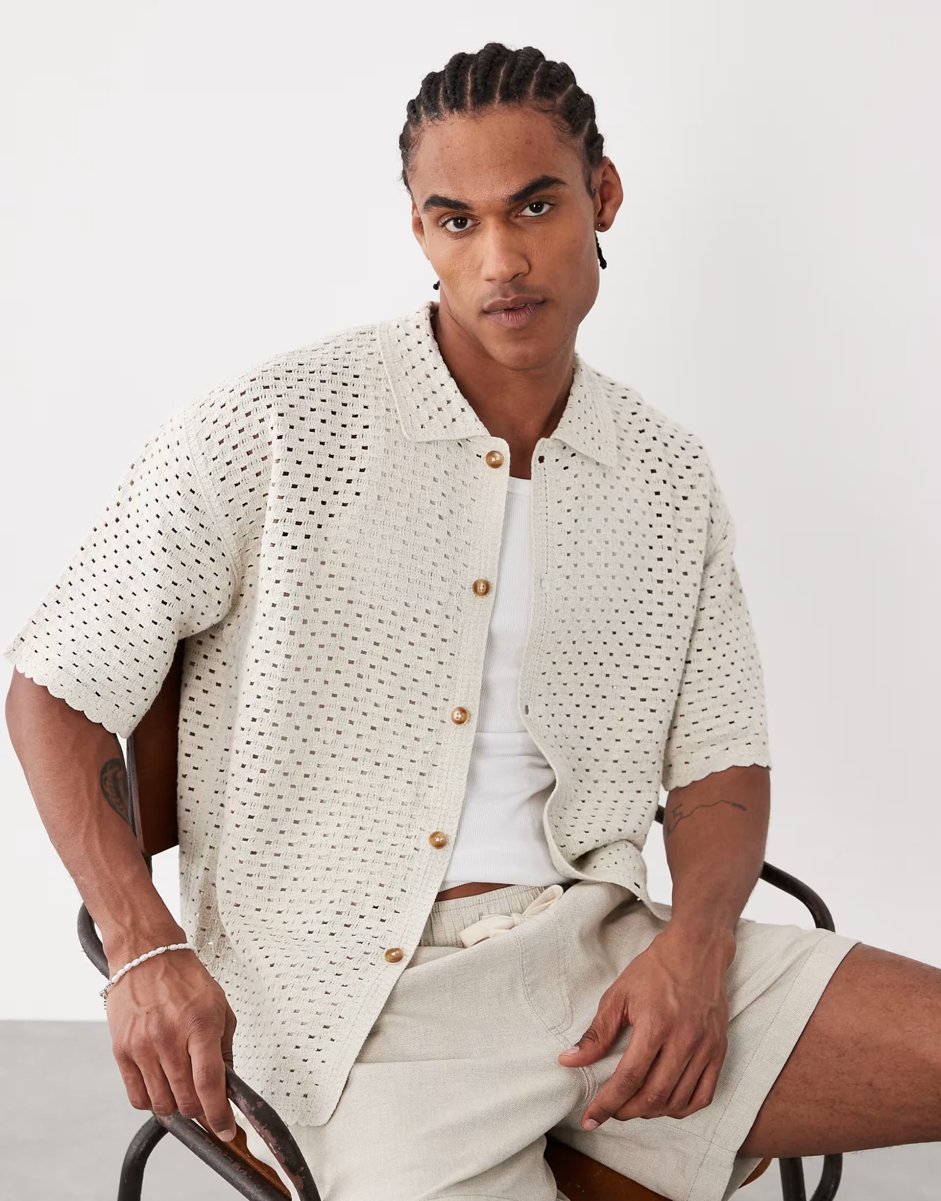 ASOS BLKVIS crochet shirt in cream