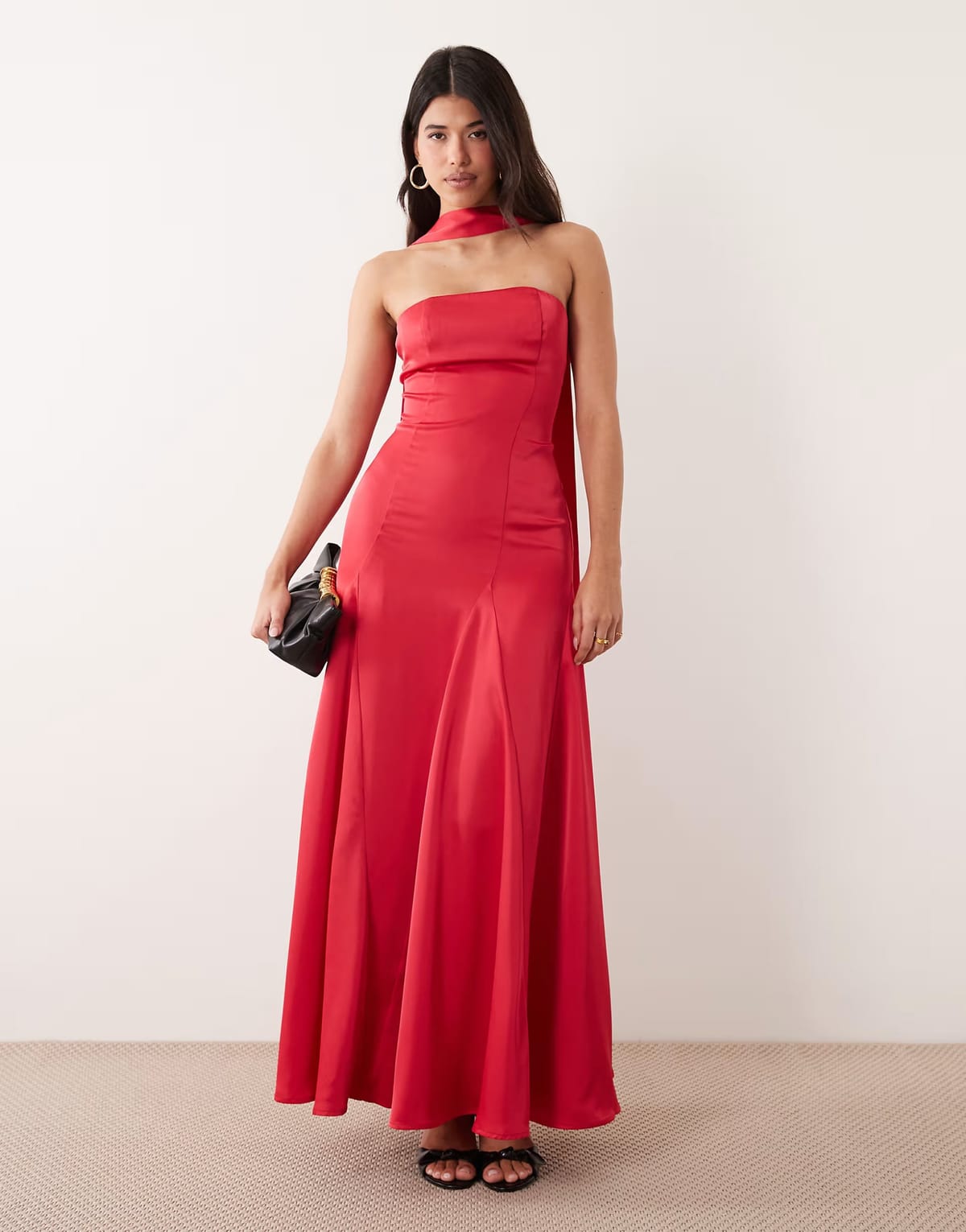 ASOS Kaiia exclusive satin scarf detail bandeau godet hem maxi dress in dragonfruit pink - 1