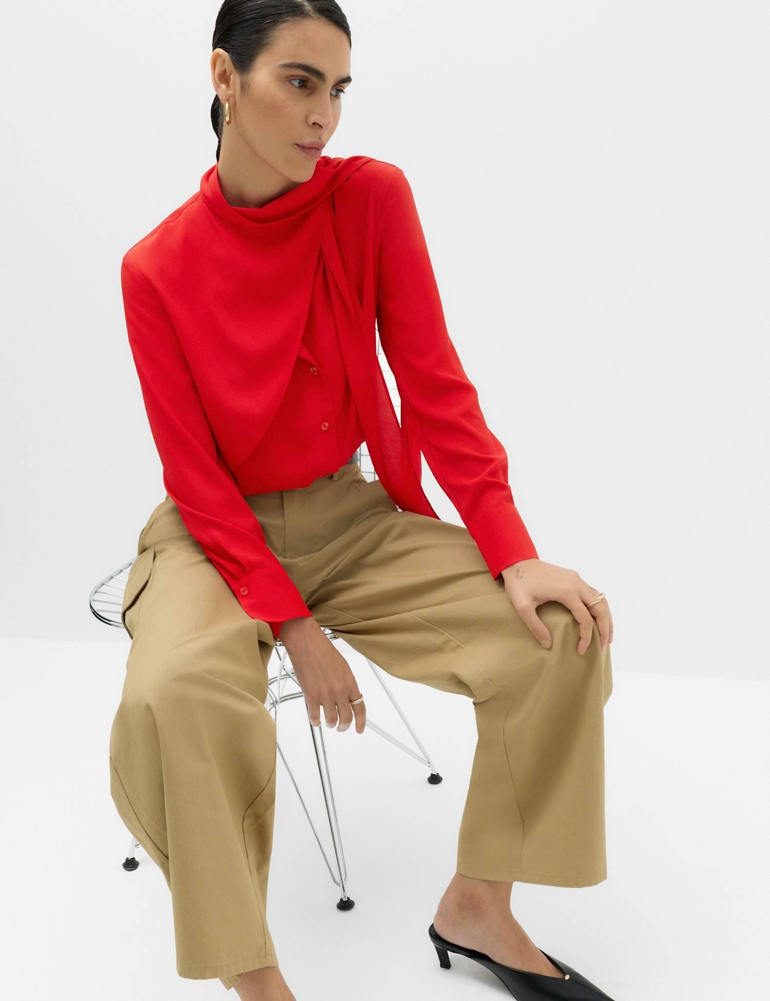 Marks & Spencer M&S Draped Scarf Neck Button Through Shirt Red