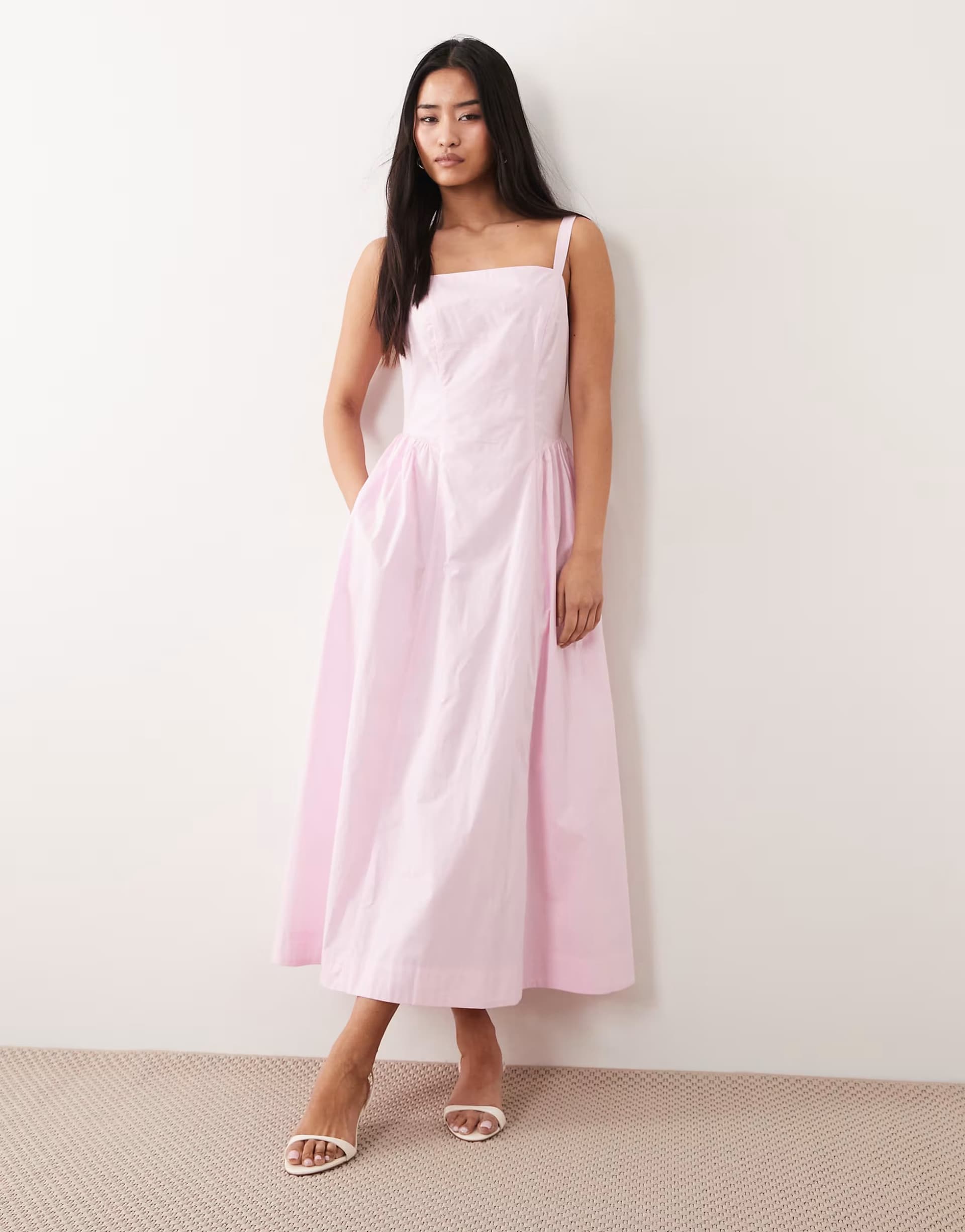 ASOS Nobody's Child Brielle cotton square neck hip pleat detail midaxi dress in light pink