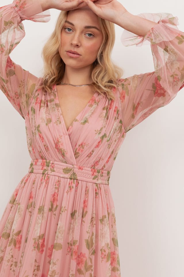 Anaya with Love Anaya with Love Women's Floral Print Faux Wrap Long Sleeve Midaxi Dress in Pink - 3