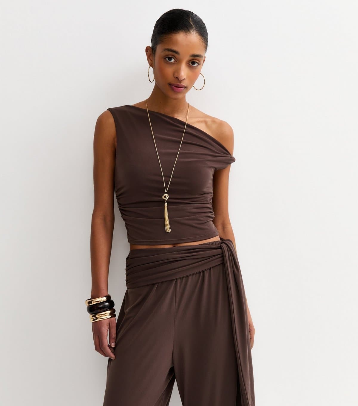New Look Women's Dark Brown Draped Off The Shoulder Top New Look