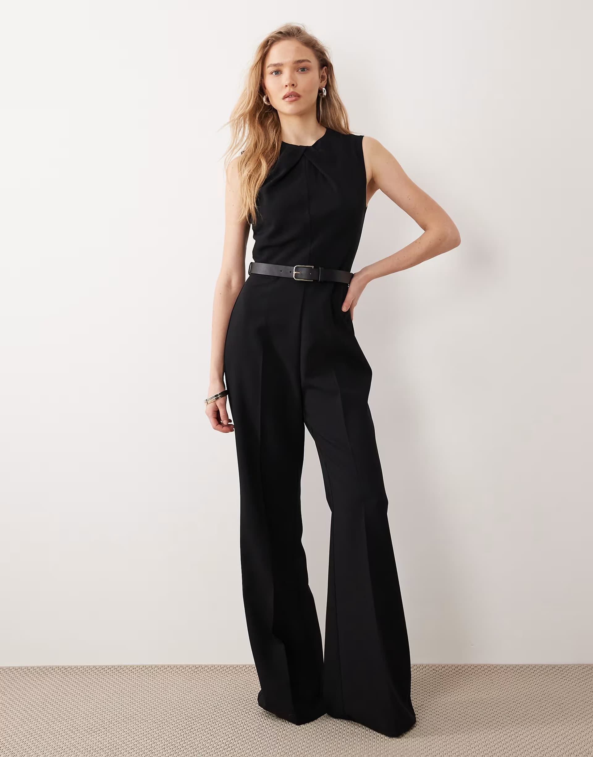 ASOS Mango high neck sleeveless jumpsuit with statement belt in black