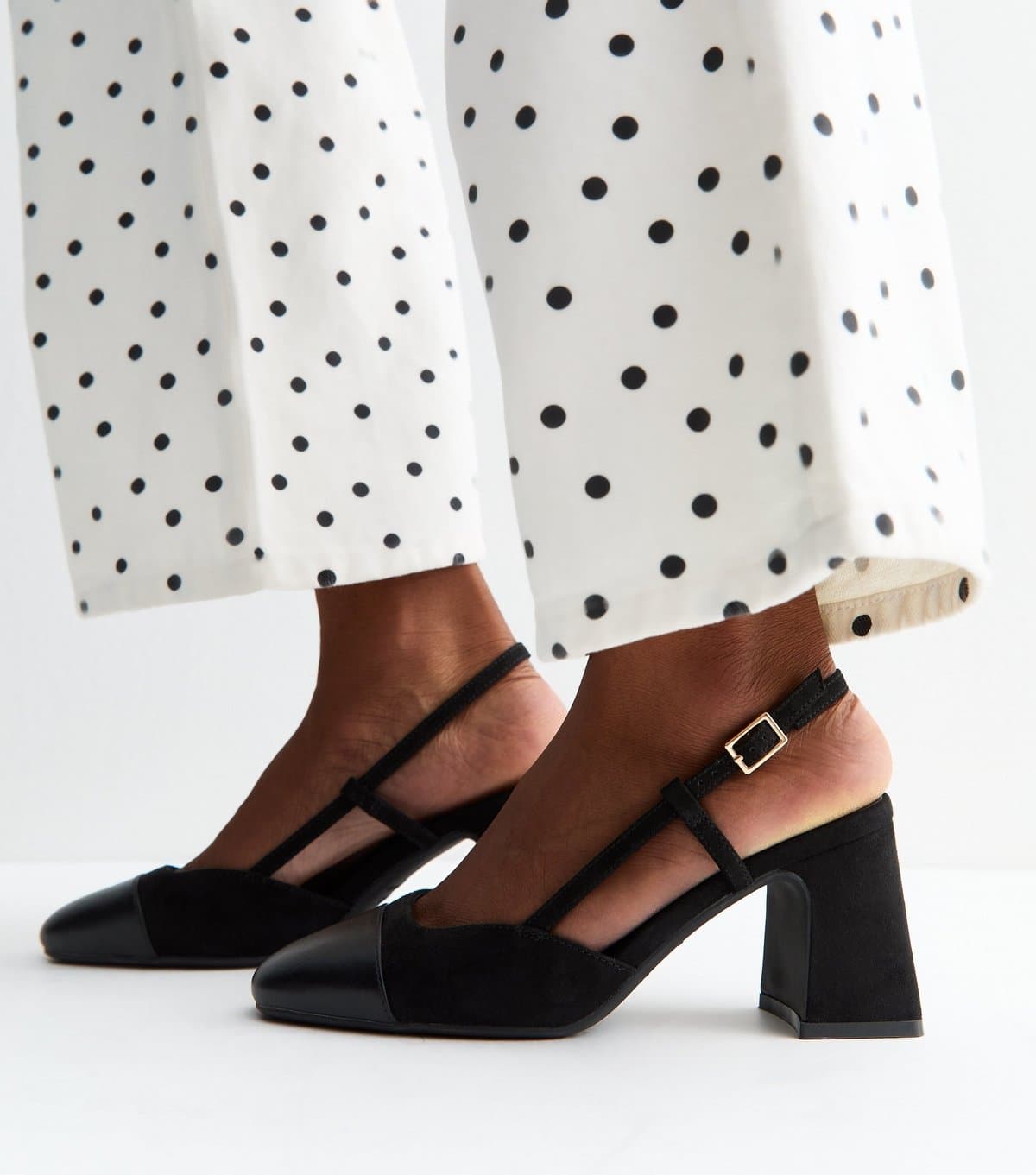 New Look Women's Black Faux Suede and Leather Toe Cap Slingback Pumps Vegan New Look