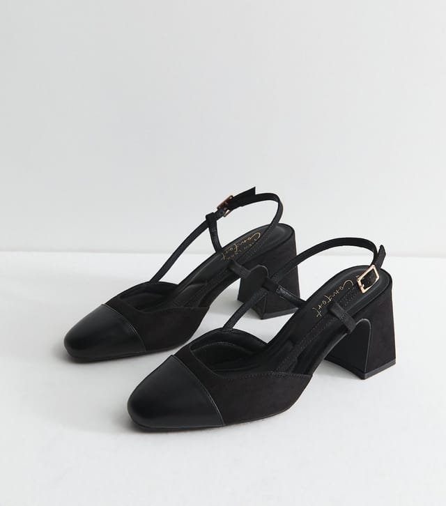 New Look Women's Black Faux Suede and Leather Toe Cap Slingback Pumps Vegan New Look - 2