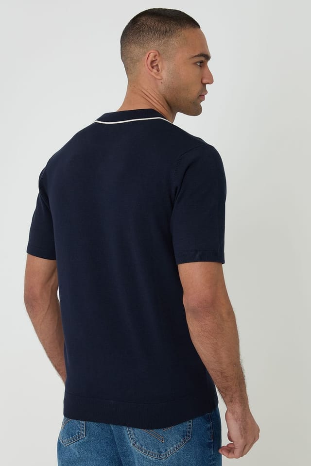 Threadbare Threadbare Men's Knitted Contrast Tipping Trophy Neck Polo in Navy - 2