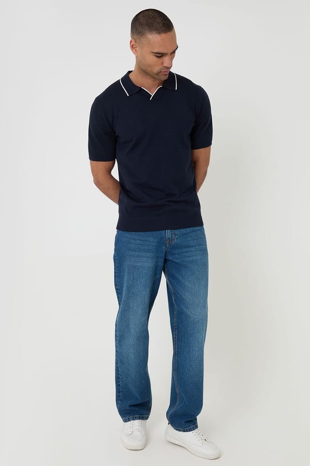 Threadbare Threadbare Men's Knitted Contrast Tipping Trophy Neck Polo in Navy - 3