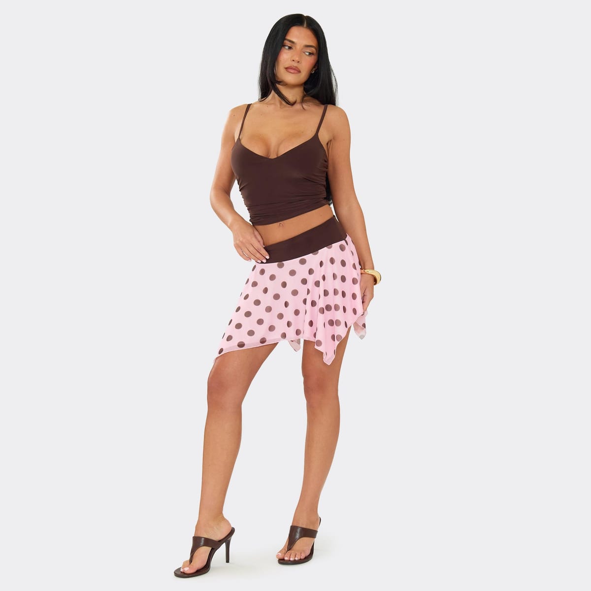EGO Contrast Waist Hanky Hem Mini Skirt In Pink Polka Dot, Women's Size UK 4 - 1