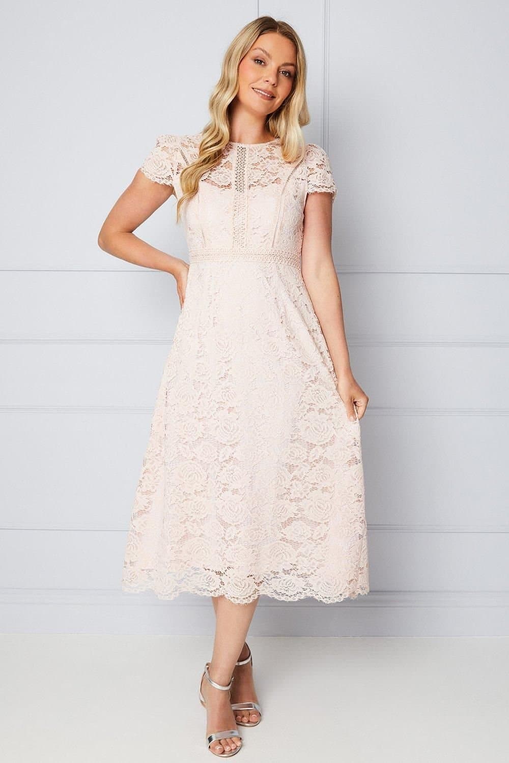 Wallis Wallis Women's Lace Fit & Flare Midi Dress in Blush